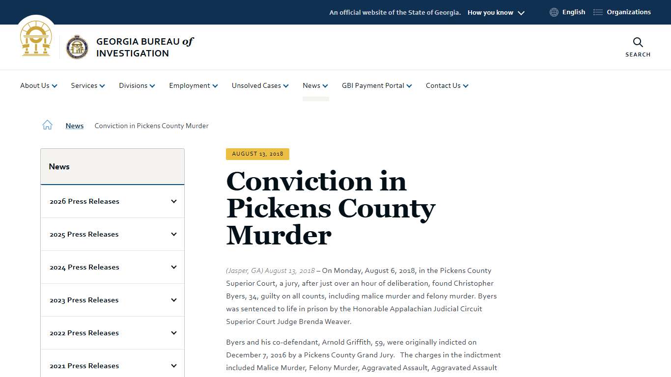 Conviction in Pickens County Murder | Georgia Bureau of Investigation